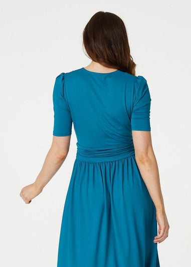 Izabel London Turquoise Ruched Waist Jersey Wrap Dress