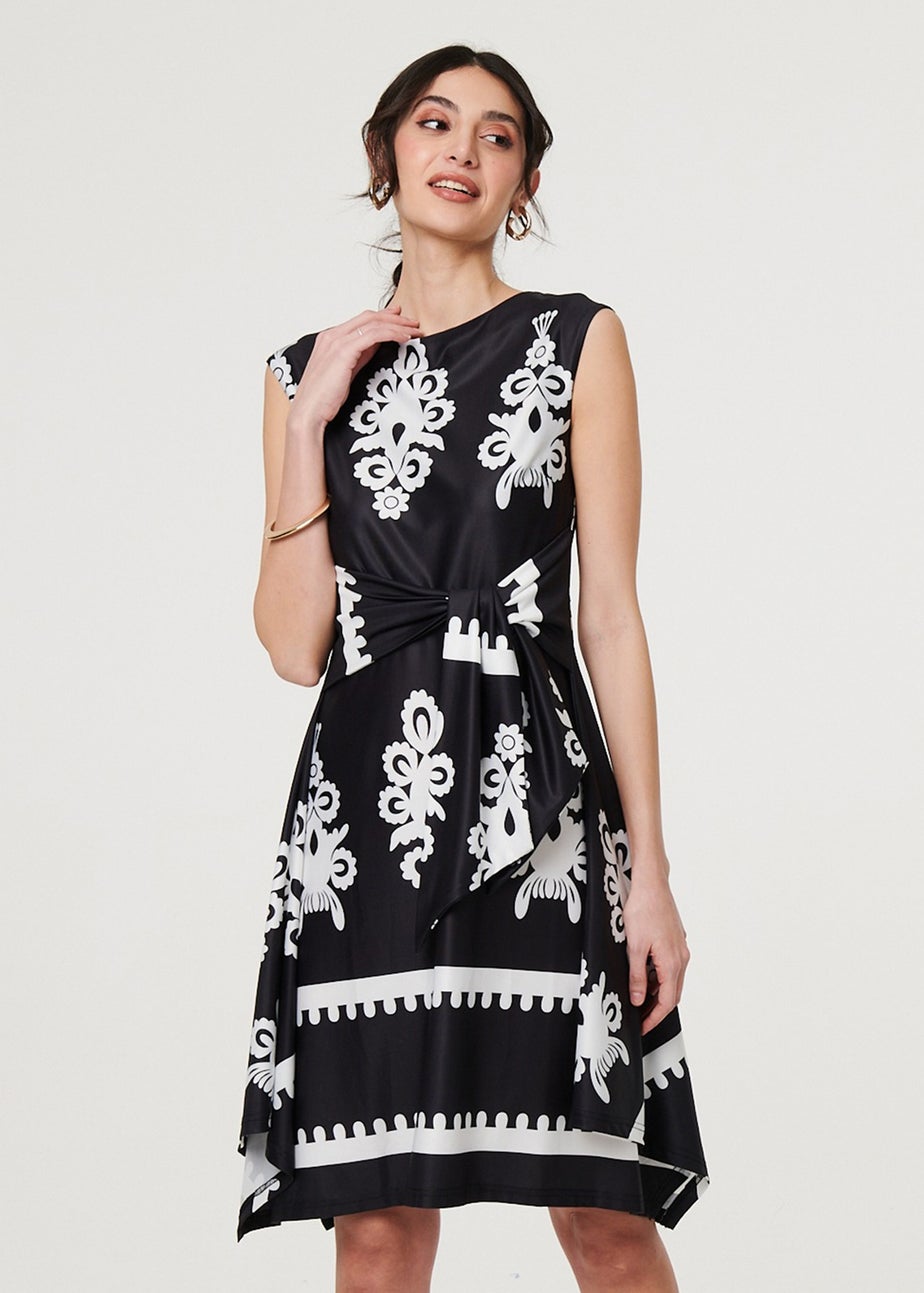 Izabel London Black & White Ikat Print Tie Front Knee Length Dress