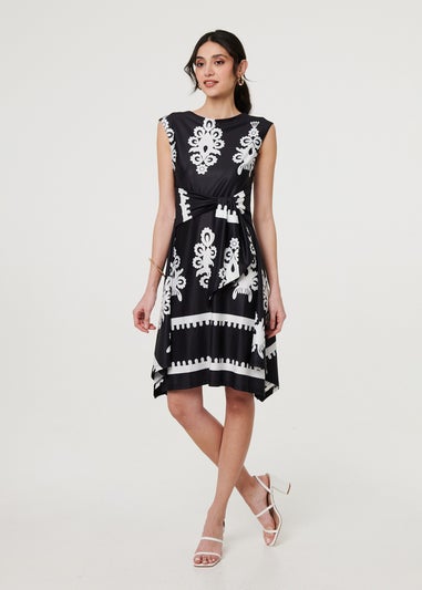 Izabel London Black & White Ikat Print Tie Front Knee Length Dress