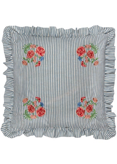 Wylder Martha Ruffle Embroidered Ruffle Blue Cushion  (50 x 50 x 8 cm)