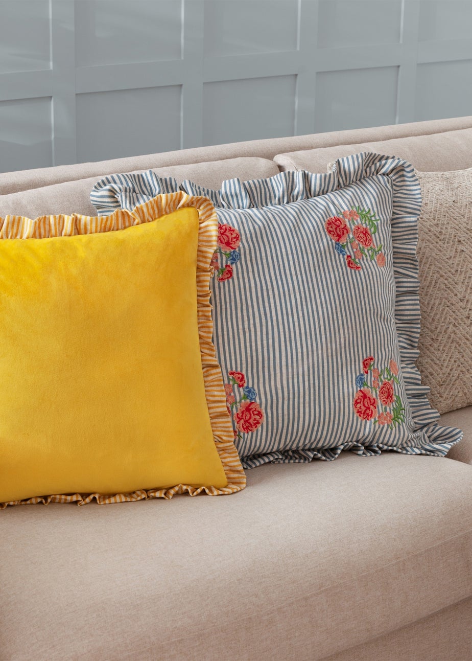 Wylder Martha Ruffle Embroidered Ruffle Blue Cushion  (50 x 50 x 8 cm)