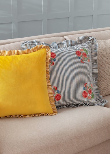 Wylder Martha Ruffle Embroidered Ruffle Blue Cushion  (50 x 50 x 8 cm)