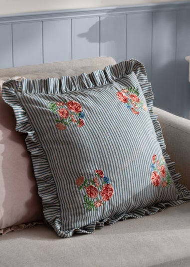 Wylder Martha Ruffle Embroidered Ruffle Blue Cushion  (50 x 50 x 8 cm)