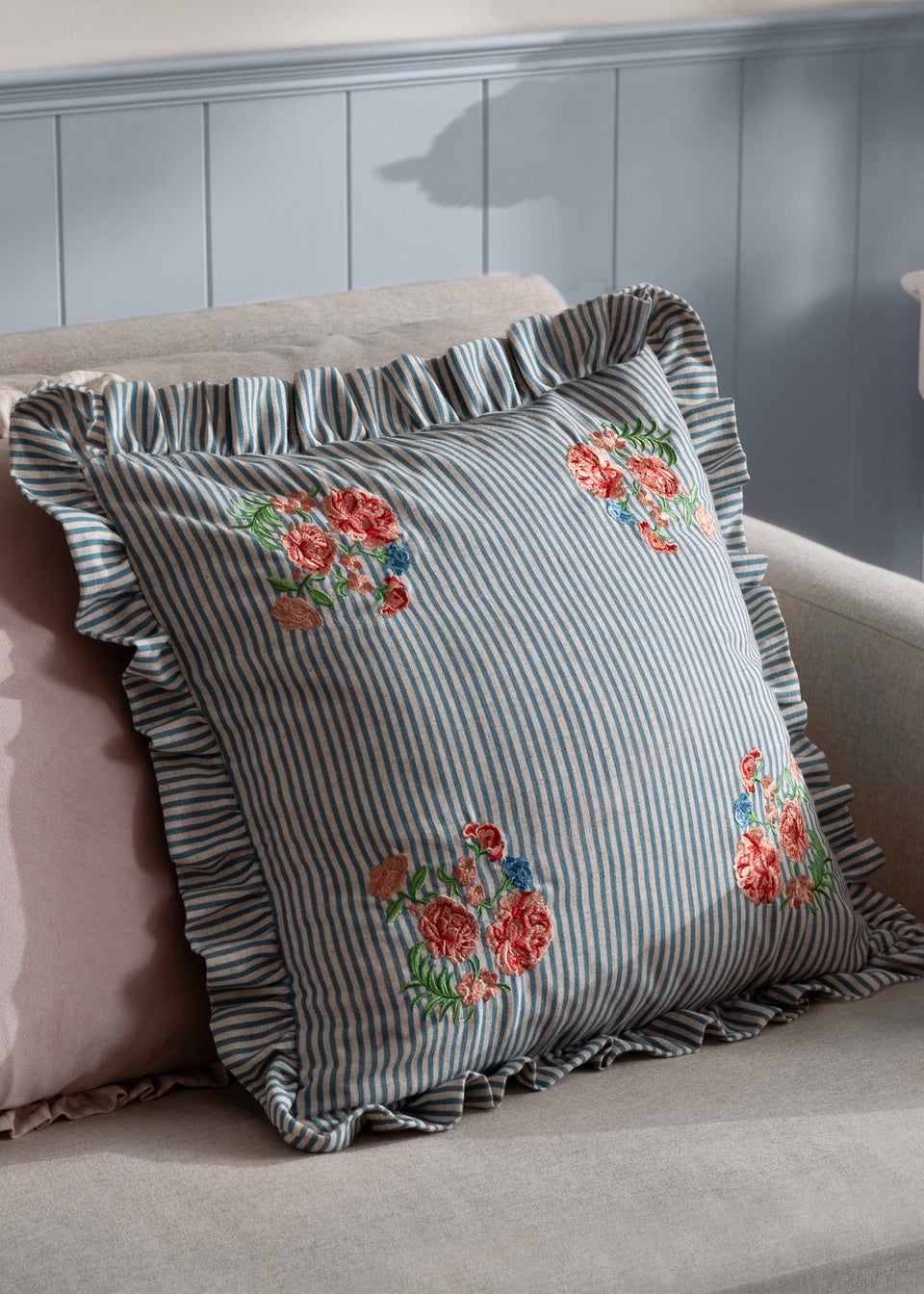 Wylder Martha Ruffle Embroidered Ruffle Blue Cushion (50 x 50 x 8 cm)
