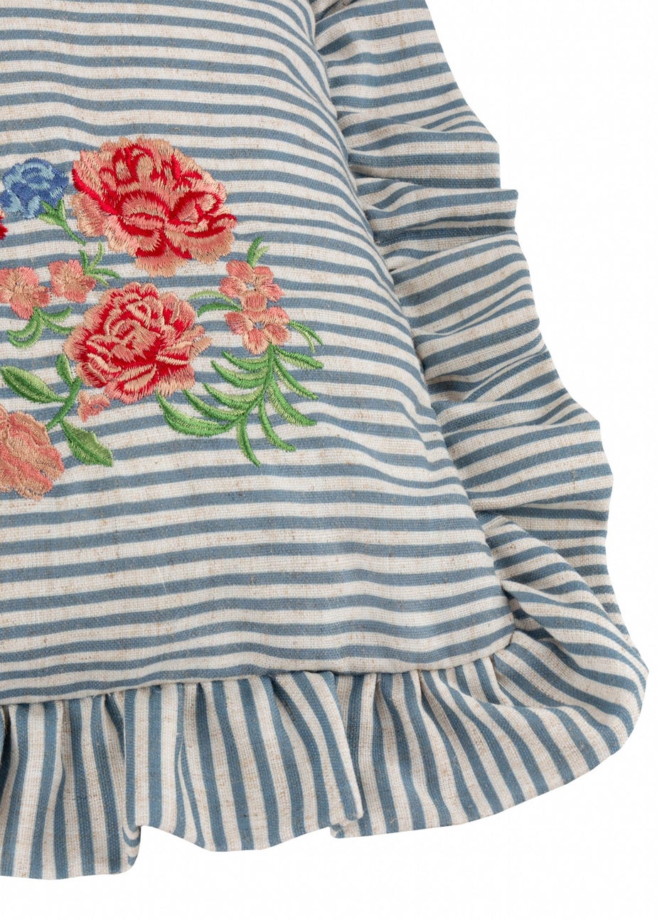 Wylder Martha Ruffle Embroidered Ruffle Blue Cushion  (50 x 50 x 8 cm)