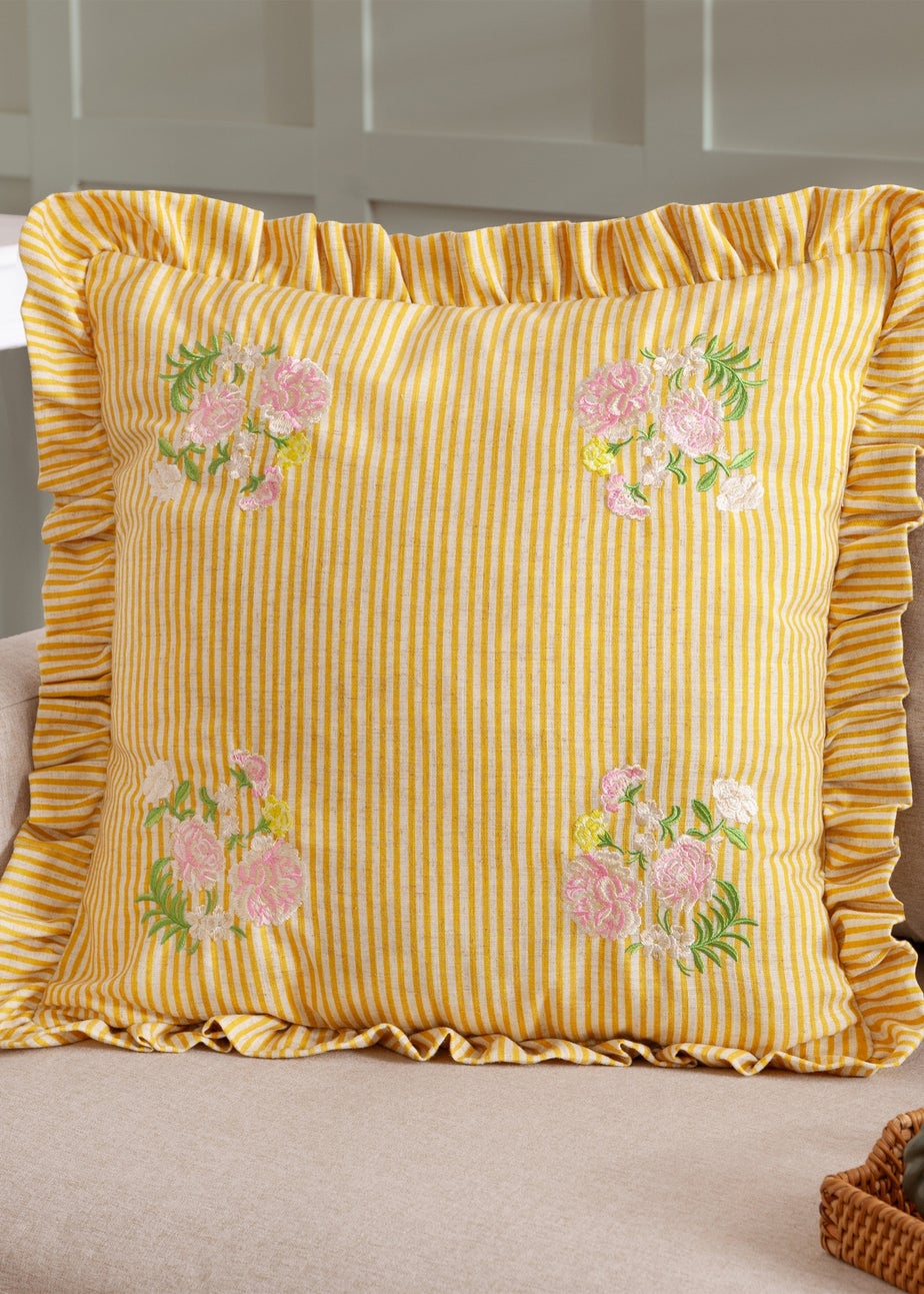 Wylder Martha Ruffle Embroidered Ruffle Yellow Cushion (50 x 50 x 8 cm)