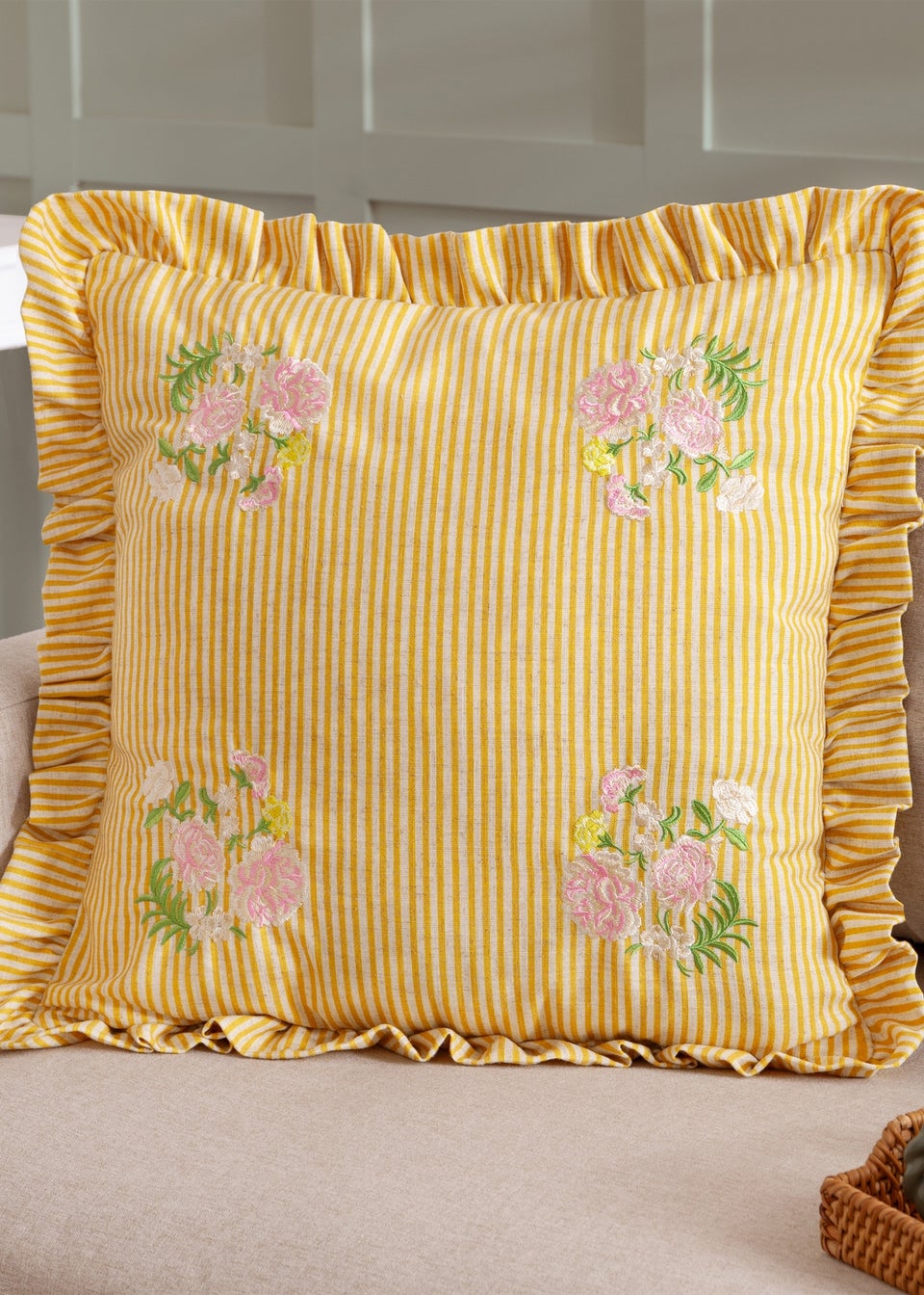 Wylder Martha Ruffle Embroidered Ruffle Yellow Cushion (50 x 50 x 8 cm)