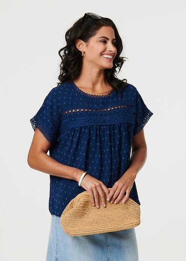 Izabel London Navy Lace Trim Short Sleeve Button Back Blouse