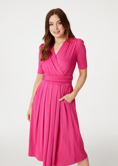 Izabel London Pink Ruched Waist Jersey Wrap Dress