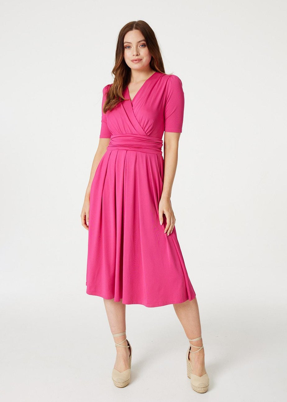 Izabel London Pink Ruched Waist Jersey Wrap Dress