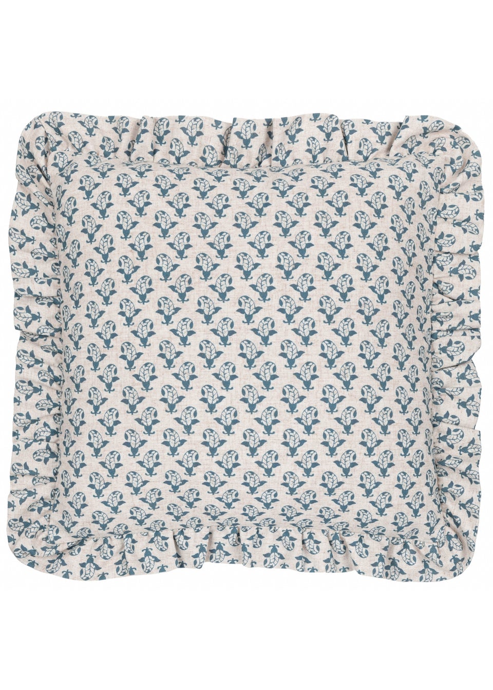 Furn Lulah Block Printed Ruffle Blue Cushion (45 x 45 x 8 cm)