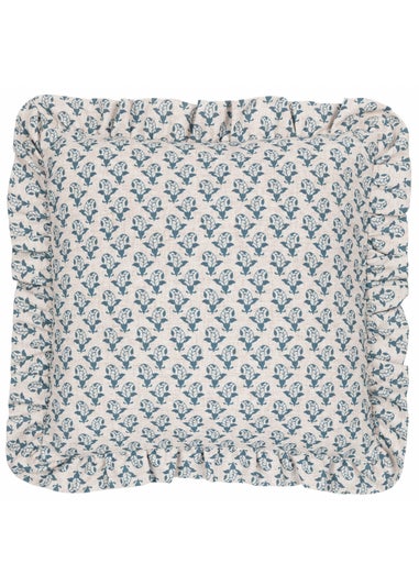 Furn Lulah Block Printed Ruffle Blue Cushion (45 x 45 x 8 cm)