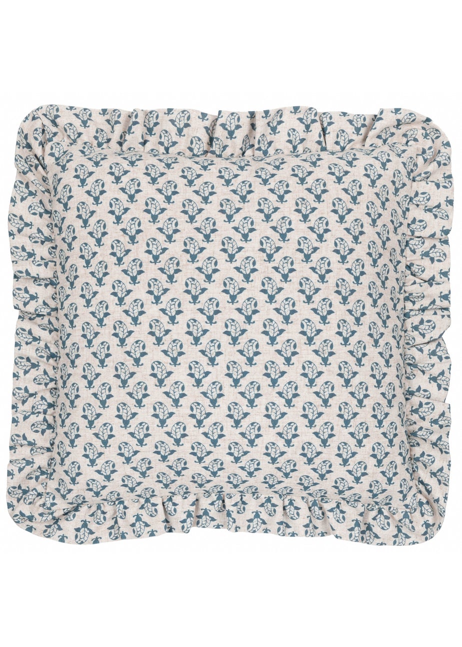 Furn Lulah Block Printed Ruffle Blue Cushion (45 x 45 x 8 cm)