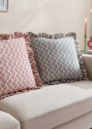 Furn Lulah Block Printed Ruffle Blue Cushion (45 x 45 x 8 cm)
