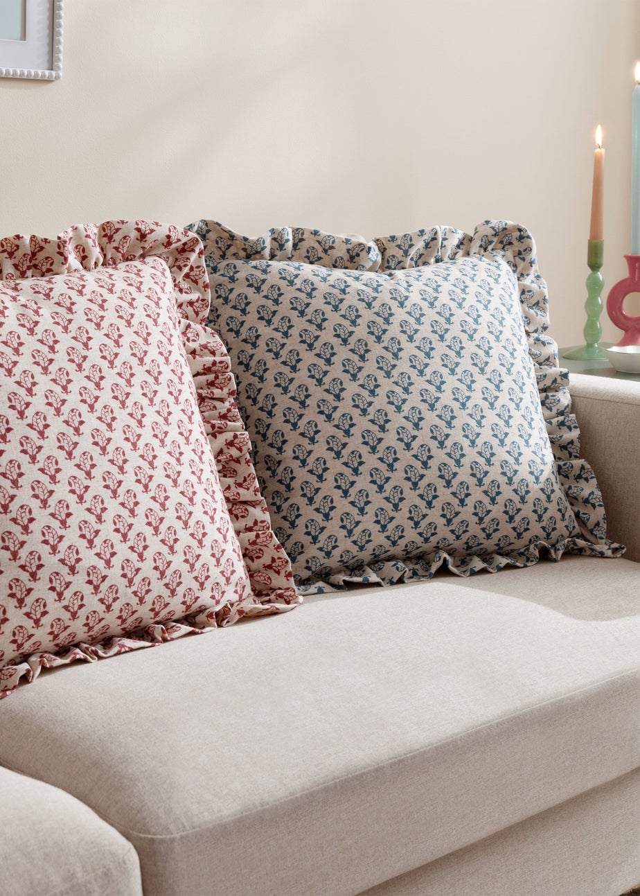 Furn Lulah Block Printed Ruffle Blue Cushion (45 x 45 x 8 cm)