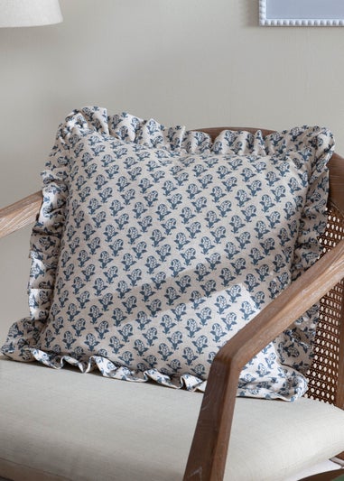 Furn Lulah Block Printed Ruffle Blue Cushion (45 x 45 x 8 cm)