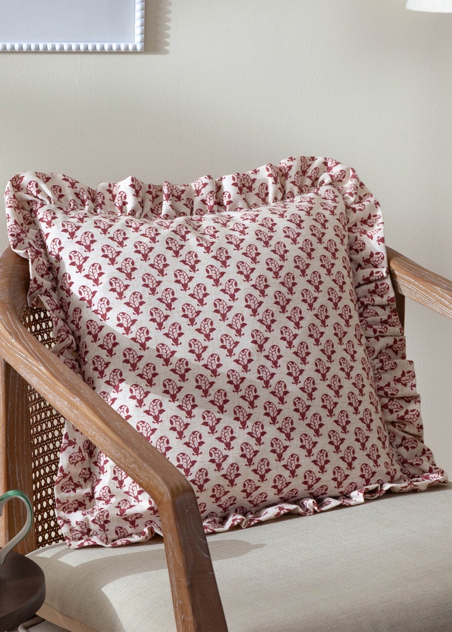 Furn Lulah Block Printed Ruffle Red Cushion (45 x 45 x 8 cm)