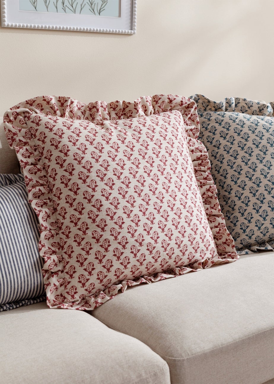 Furn Lulah Block Printed Ruffle Red Cushion (45 x 45 x 8 cm)
