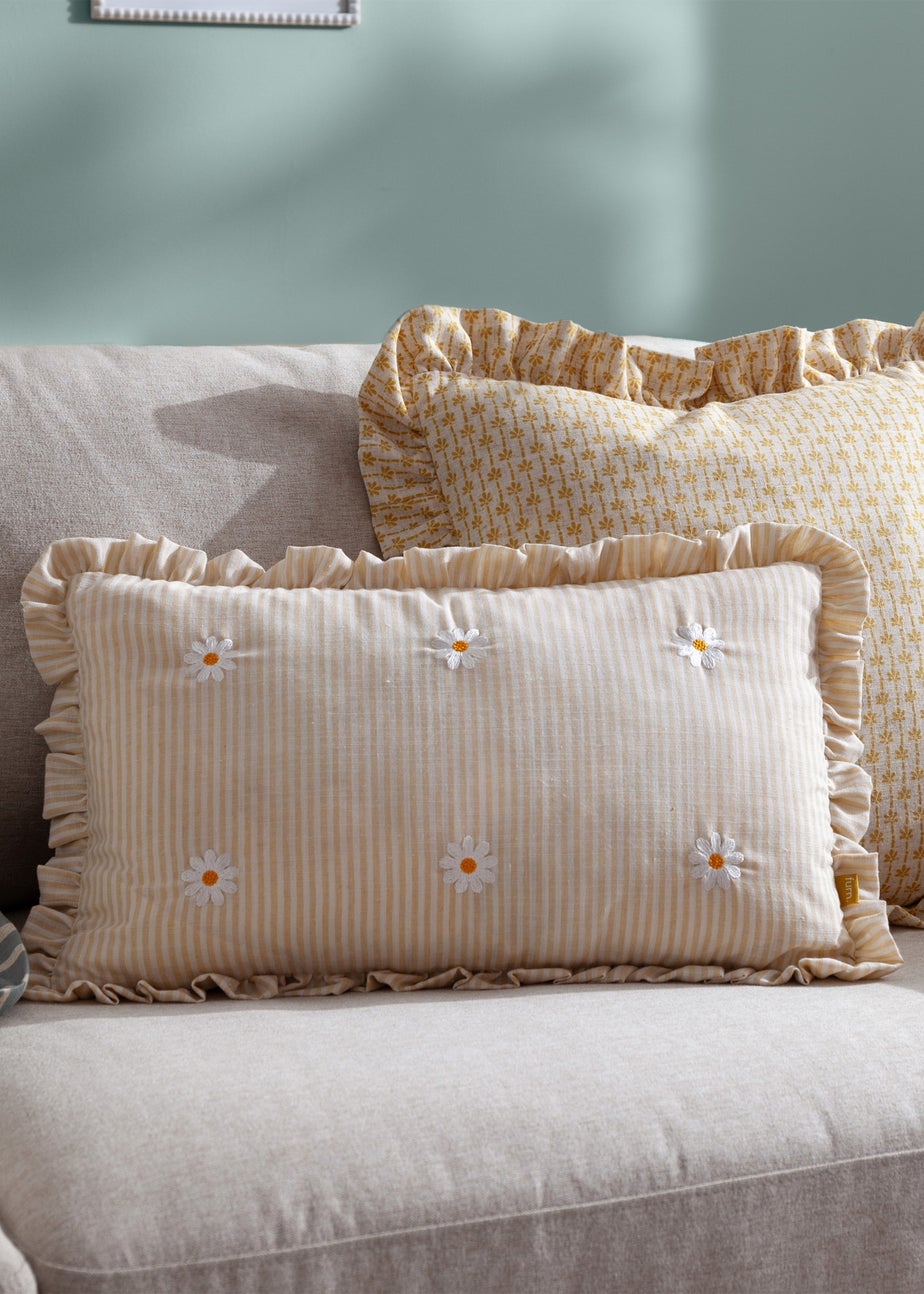 Furn Les Fleurs Embroidered Ruffle Yellow Cushion (30 x 50 x 8 cm)