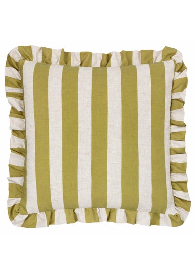Furn Linen Stripe Printed Ruffle Olive Cushion (50 x 50 x 8 cm)