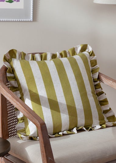 Furn Linen Stripe Printed Ruffle Olive Cushion (50 x 50 x 8 cm)