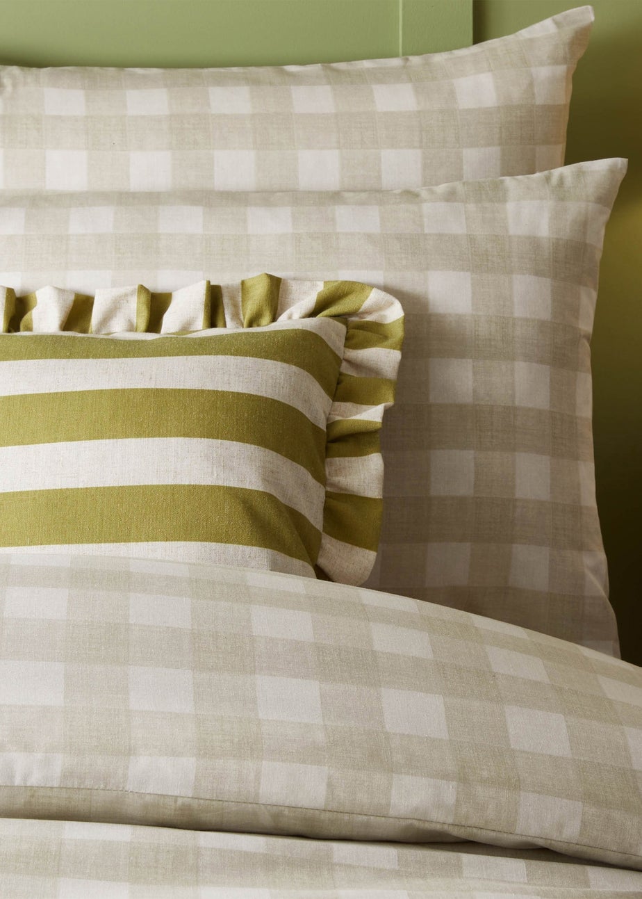 Furn Linen Stripe Printed Ruffle Olive Cushion (50 x 50 x 8 cm)