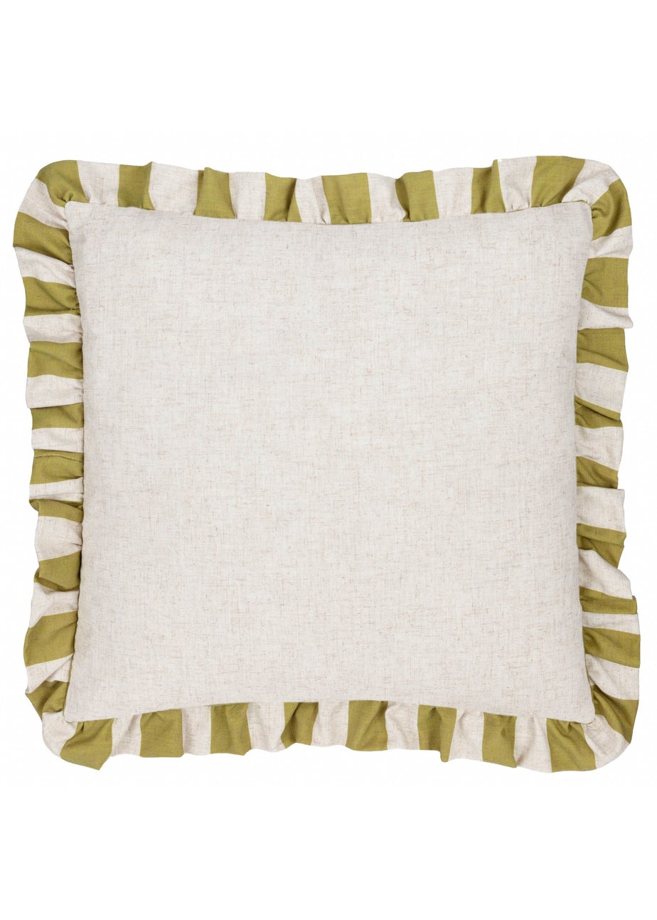 Furn Linen Stripe Printed Ruffle Olive Cushion (50 x 50 x 8 cm)