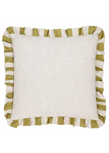 Furn Linen Stripe Printed Ruffle Olive Cushion (50 x 50 x 8 cm)