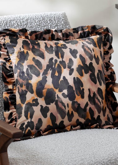 Furn Leopard Ruffle Printed Velvet Ruffle Multi Cushion (45 x 45 x 8 cm)