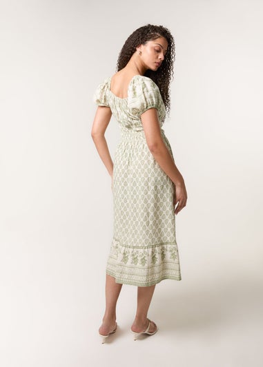 Blue Vanilla Green Border Print Puff Sleeve Midi Dress