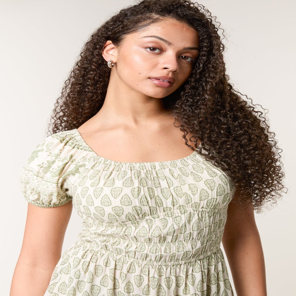 Blue Vanilla Green Border Print Puff Sleeve Midi Dress