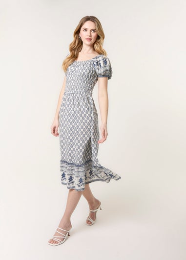Blue Vanilla Navy Border Print Puff Sleeve Midi Dress