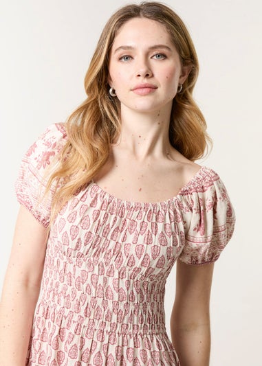 Blue Vanilla Pink Border Print Puff Sleeve Midi Dress