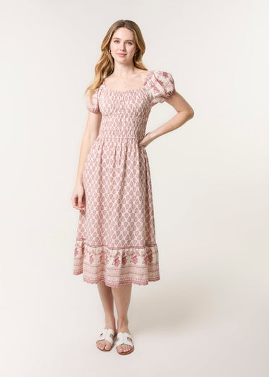 Blue Vanilla Pink Border Print Puff Sleeve Midi Dress