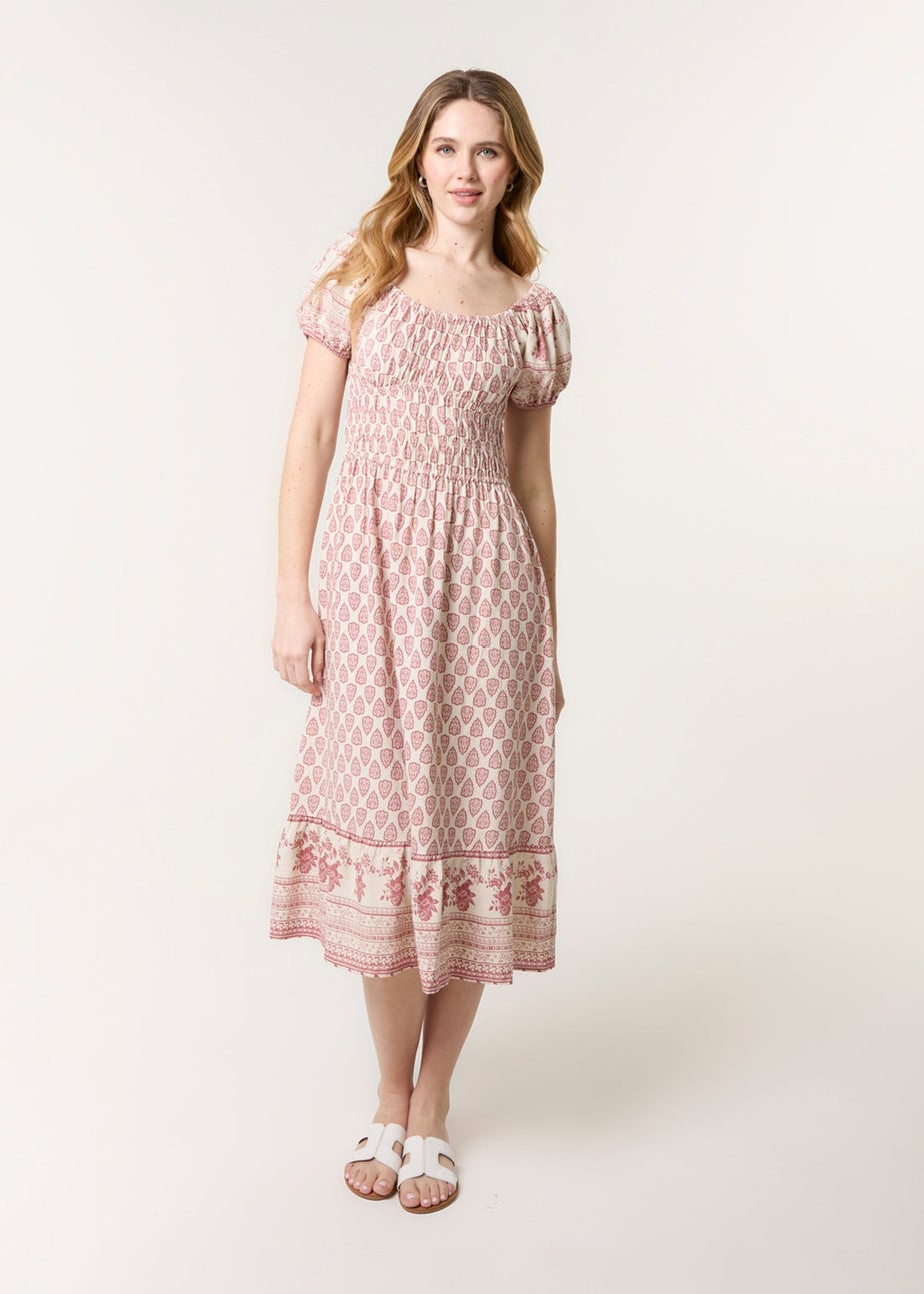 Blue Vanilla Pink Border Print Puff Sleeve Midi Dress