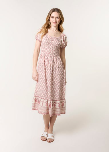 Blue Vanilla Pink Border Print Puff Sleeve Midi Dress