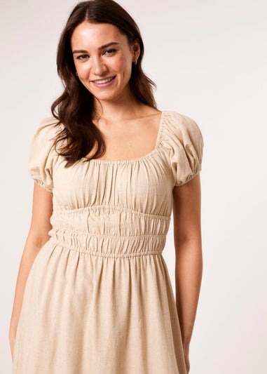 Blue Vanilla Stone Puff Sleeve Shirred Panel Dress