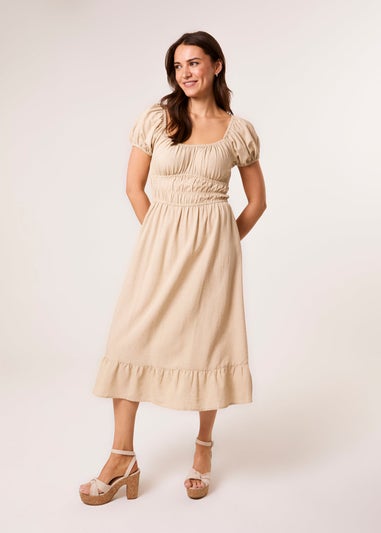 Blue Vanilla Stone Puff Sleeve Shirred Panel Dress