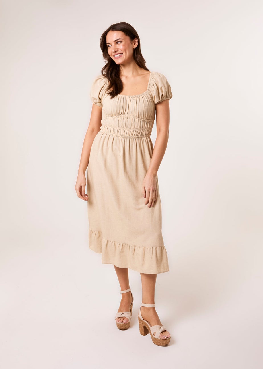 Blue Vanilla Stone Puff Sleeve Shirred Panel Dress