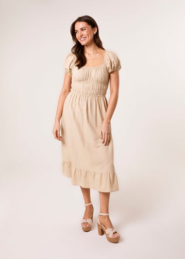 Blue Vanilla Stone Puff Sleeve Shirred Panel Dress