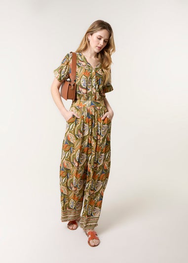 Blue Vanilla Green Border Print Straight Leg Trousers