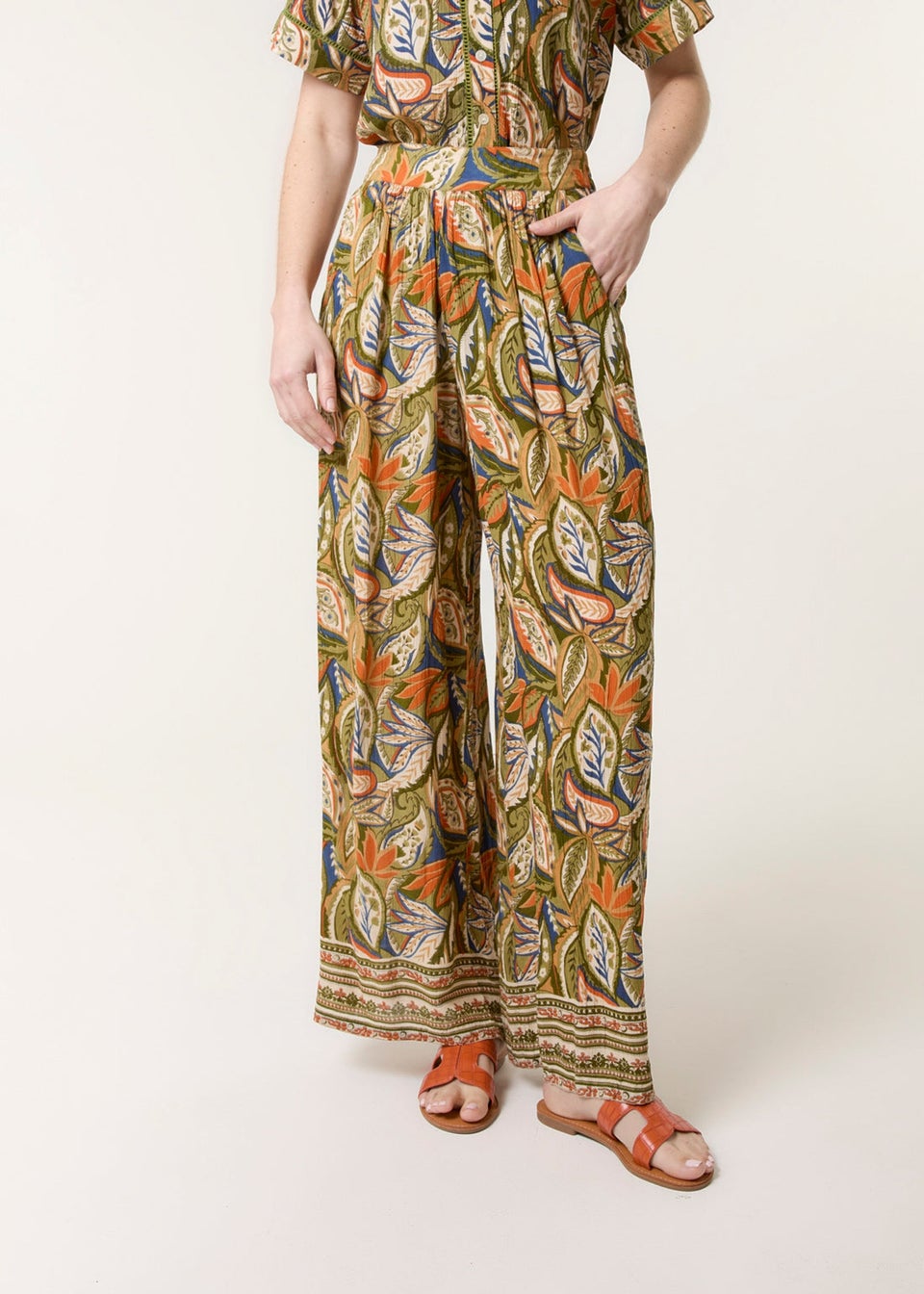 Blue Vanilla Green Border Print Straight Leg Trousers