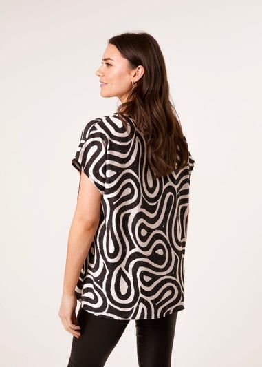 Blue Vanilla Black Round Neck Top With Abstract Print