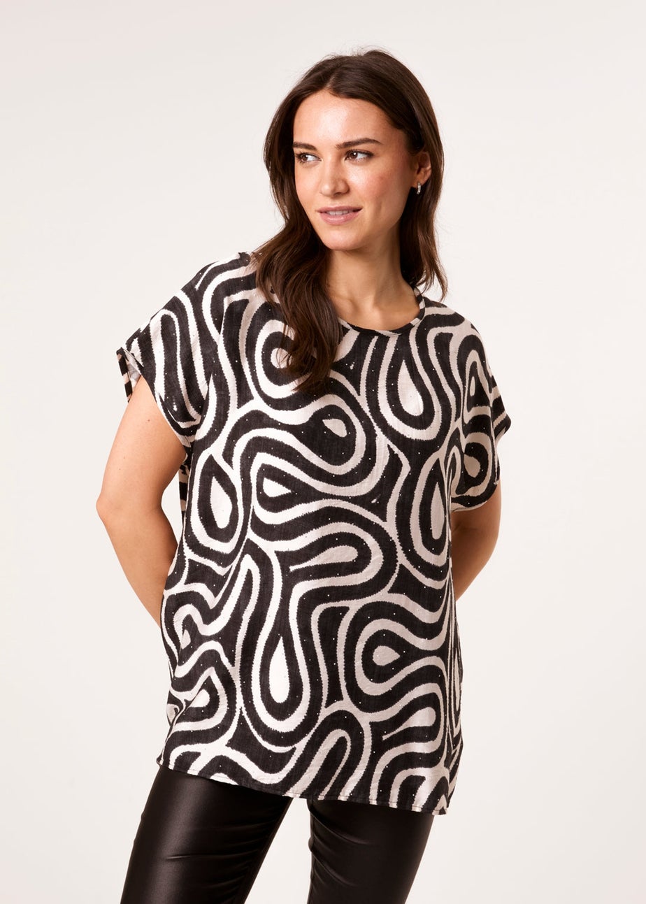Blue Vanilla Black Round Neck Top With Abstract Print