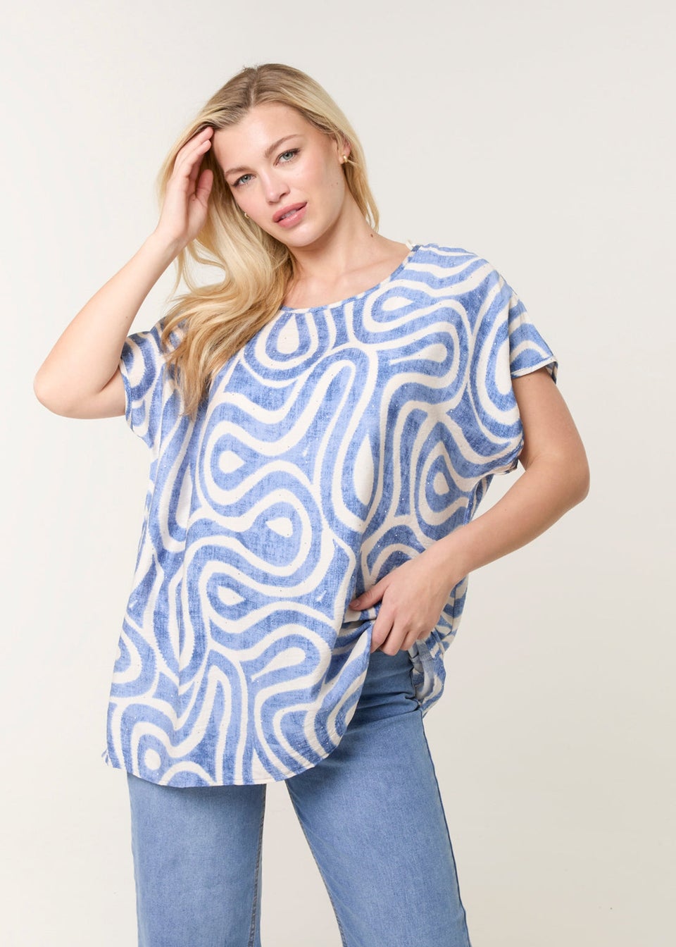 Blue Vanilla Blue Round Neck Top With Abstract Print
