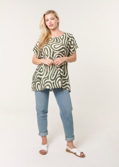 Blue Vanilla Khaki Round Neck Top With Abstract Print