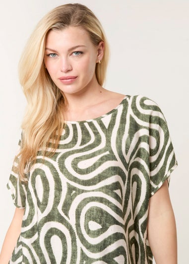 Blue Vanilla Khaki Round Neck Top With Abstract Print