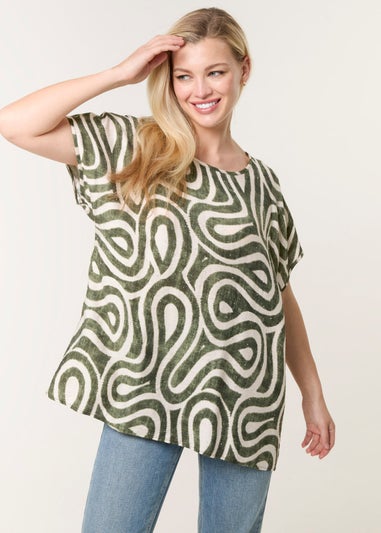 Blue Vanilla Khaki Round Neck Top With Abstract Print