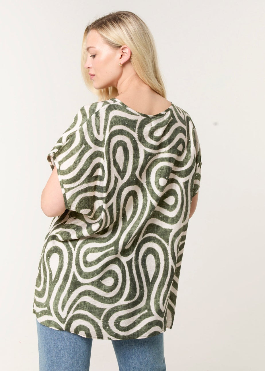 Blue Vanilla Khaki Round Neck Top With Abstract Print