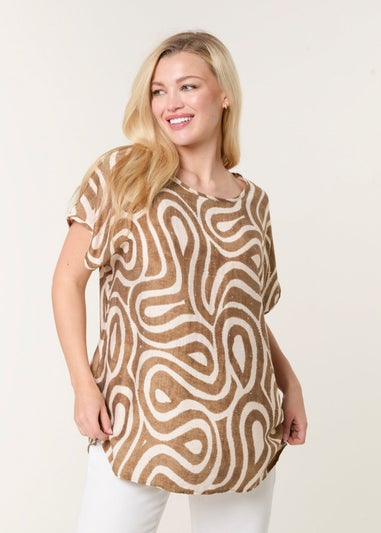 Blue Vanilla Beige Round Neck Top With Abstract Print